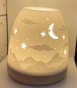 Night Sky Star and Moon Ceramic Tea Light Dome Candle Igloo with wooden base