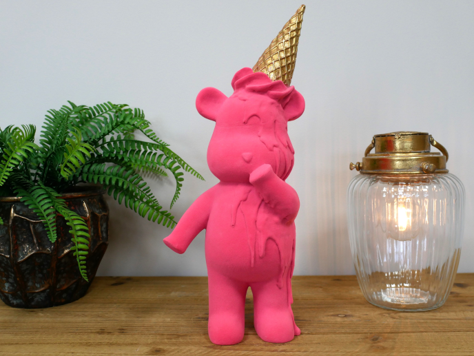 Pink Velvet Effect Bear with ice cream on head Ornament