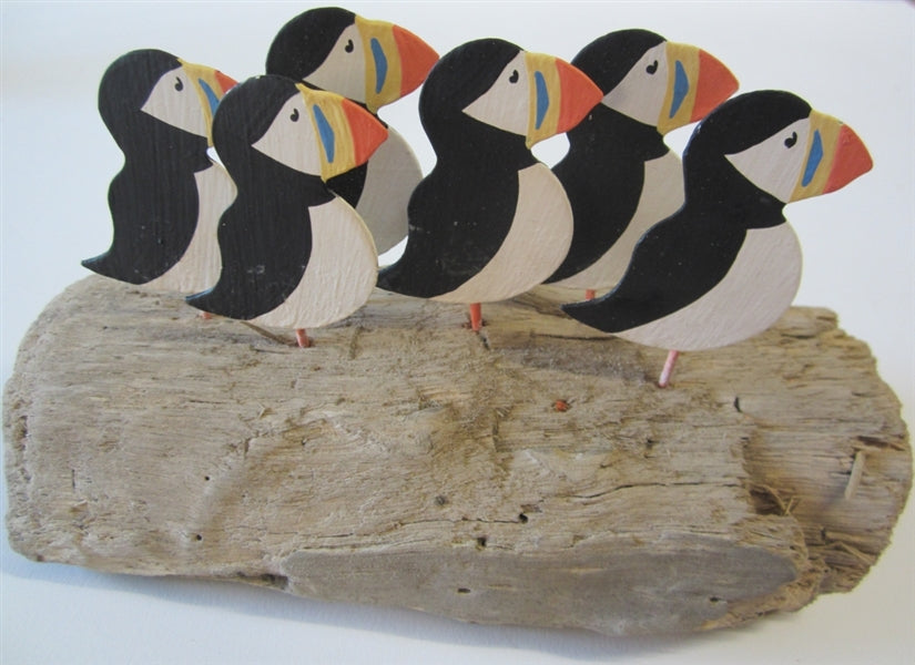 Shoeless Joe Handmade Flock of Puffins on Driftwood