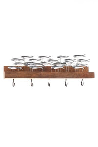 Shoeless Joe wooden key rack holder with metal handcrafted fish school schoal