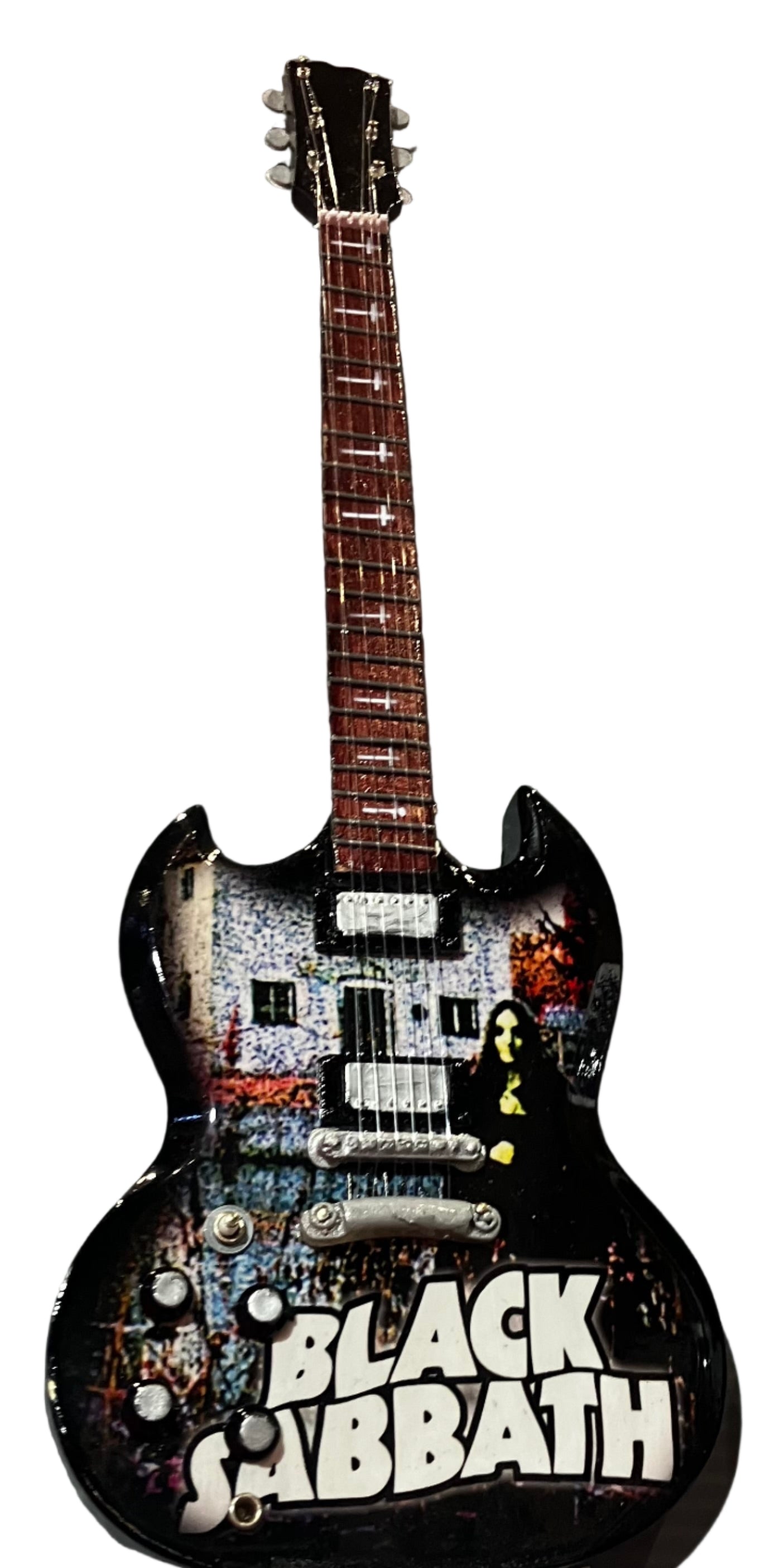 Black Sabbath Album Cover 25cm Handmade wooden collectible replica miniature mini guitar with stand (no.9)