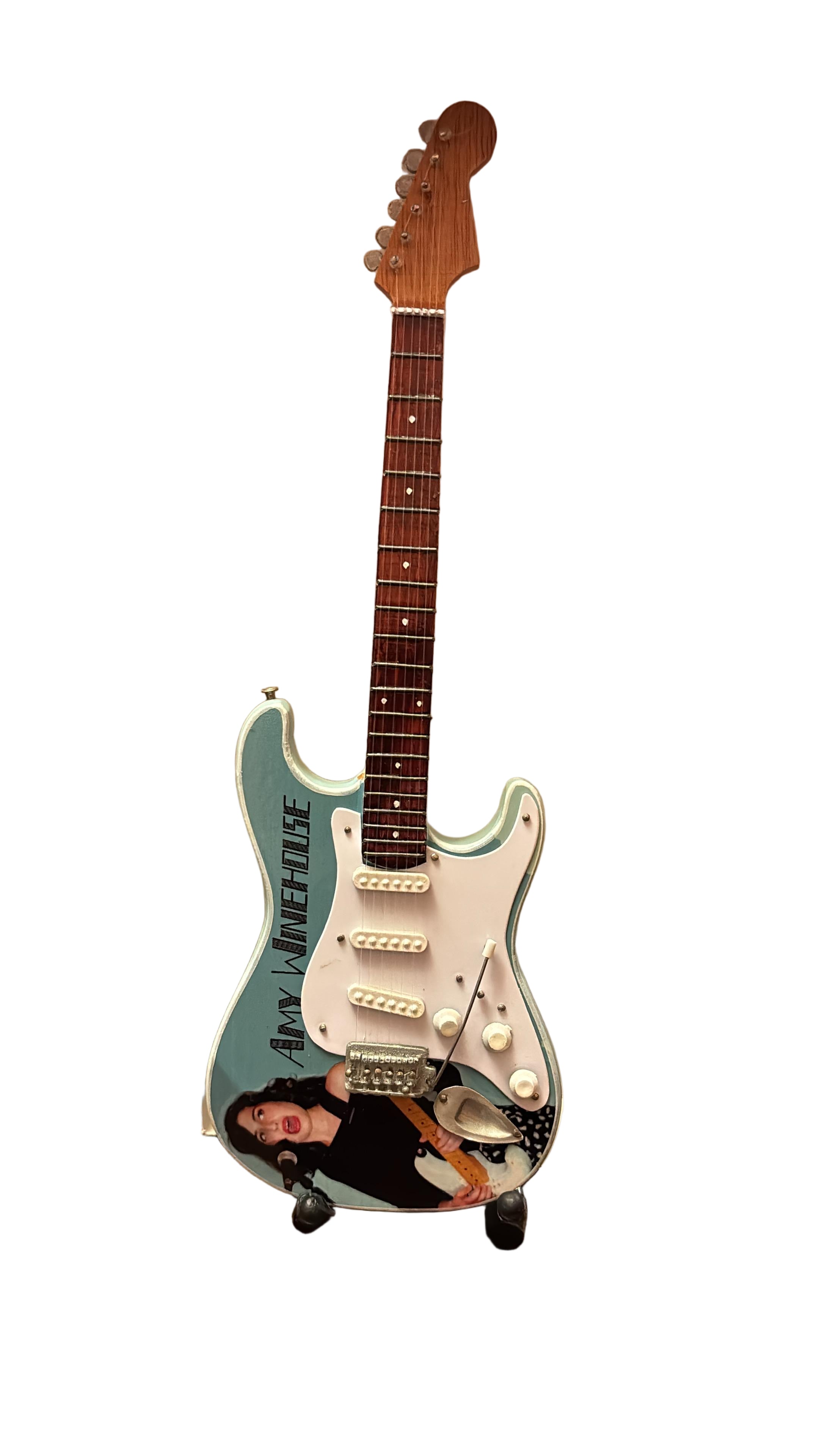 Miniature electric guitar model with a amy winehouse replica displayed in a box.
