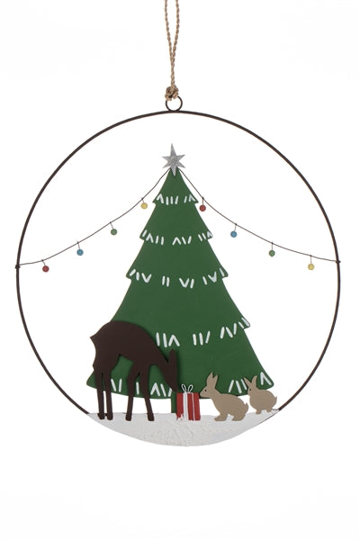 Shoeless Joe Christmas handmade Metal Wreath - Tree, Deer and Bunny Rabbits