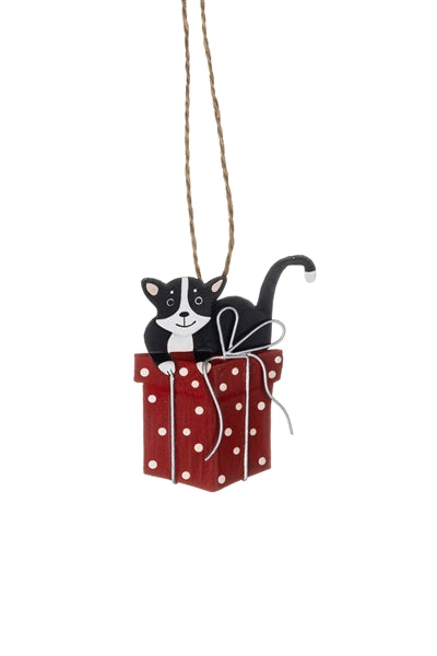 Shoeless joe Christmas Decoration - Black and White Cat on Present