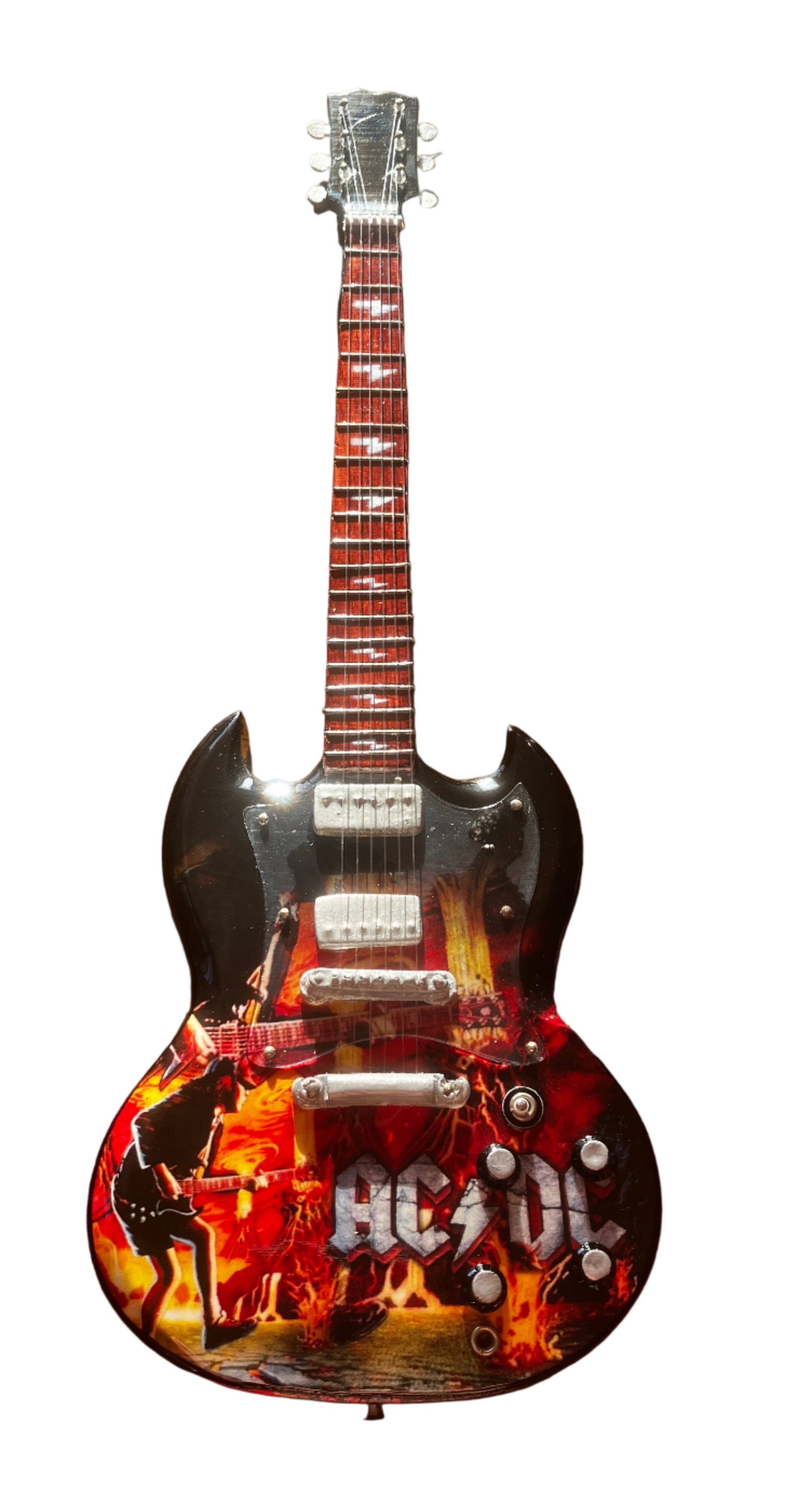 AC/DC Angus Gibson 25cm Handmade wooden collectible replica miniature mini guitar with stand (no.2)