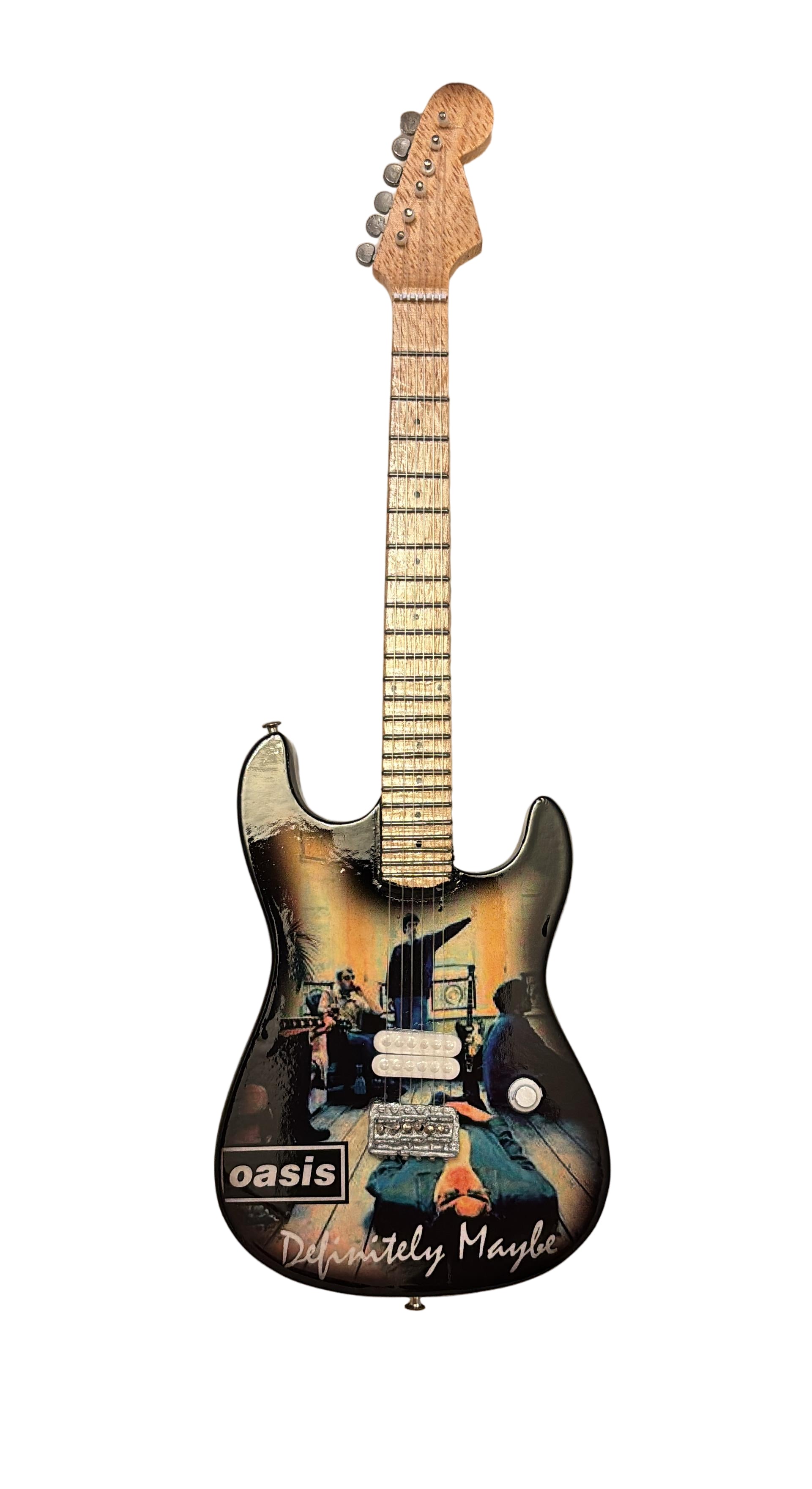 Oasis Definitely Maybe 25cm Handmade wooden collectible replica miniature mini guitar with stand (No.58)