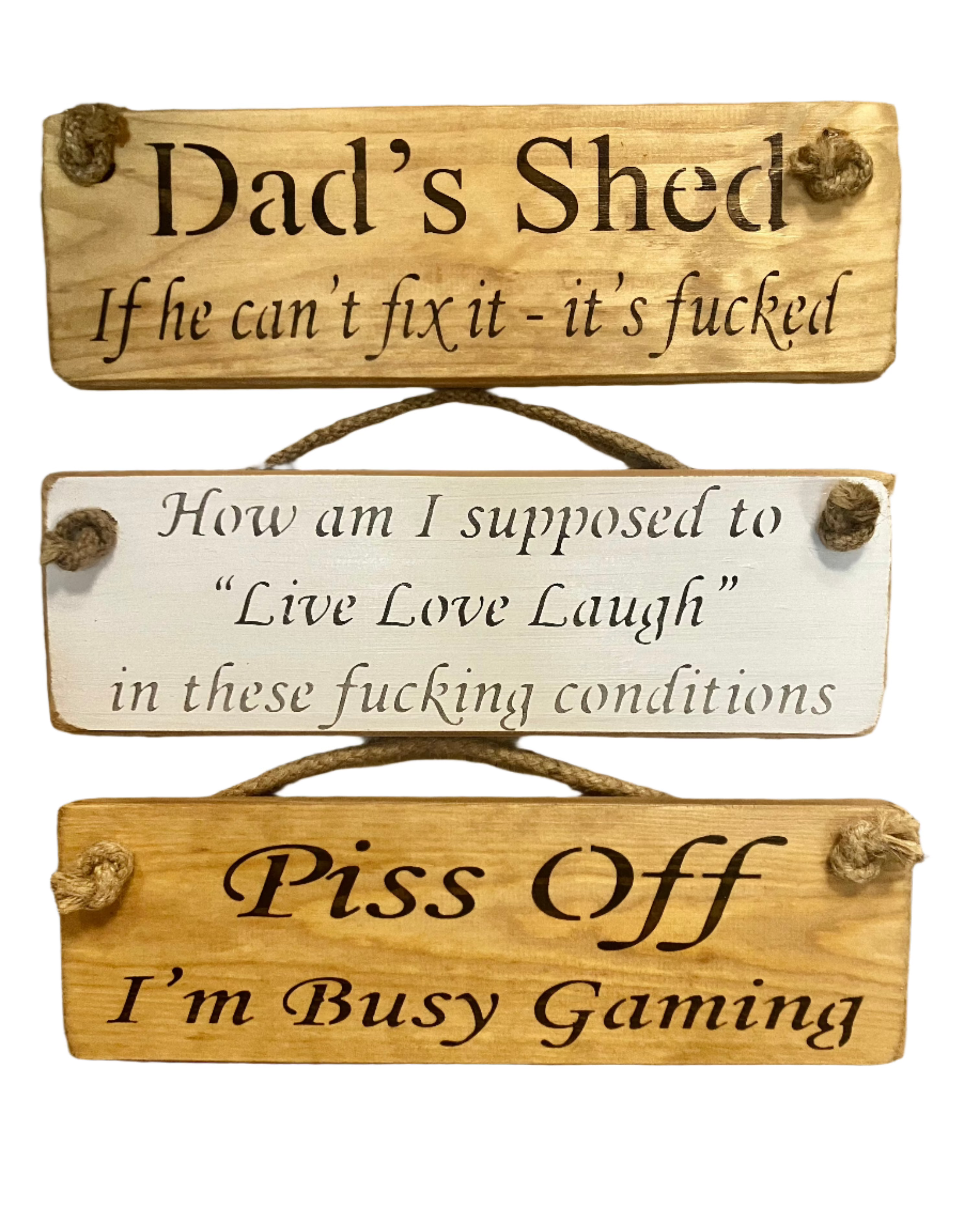 wooden signs with rope hanger