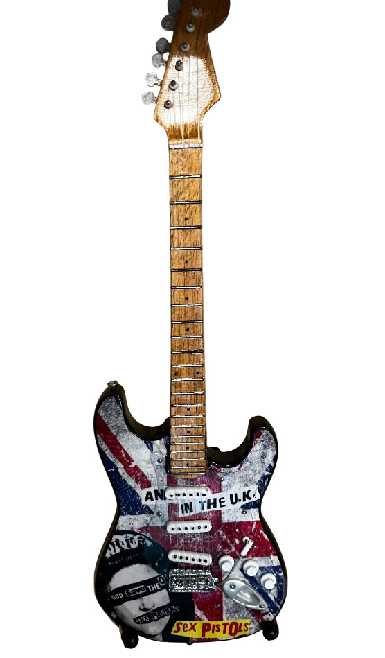 Sex Pistols Anarchy in UK 25cm Handmade wooden collectible replica miniature mini guitar with stand (No.75)
