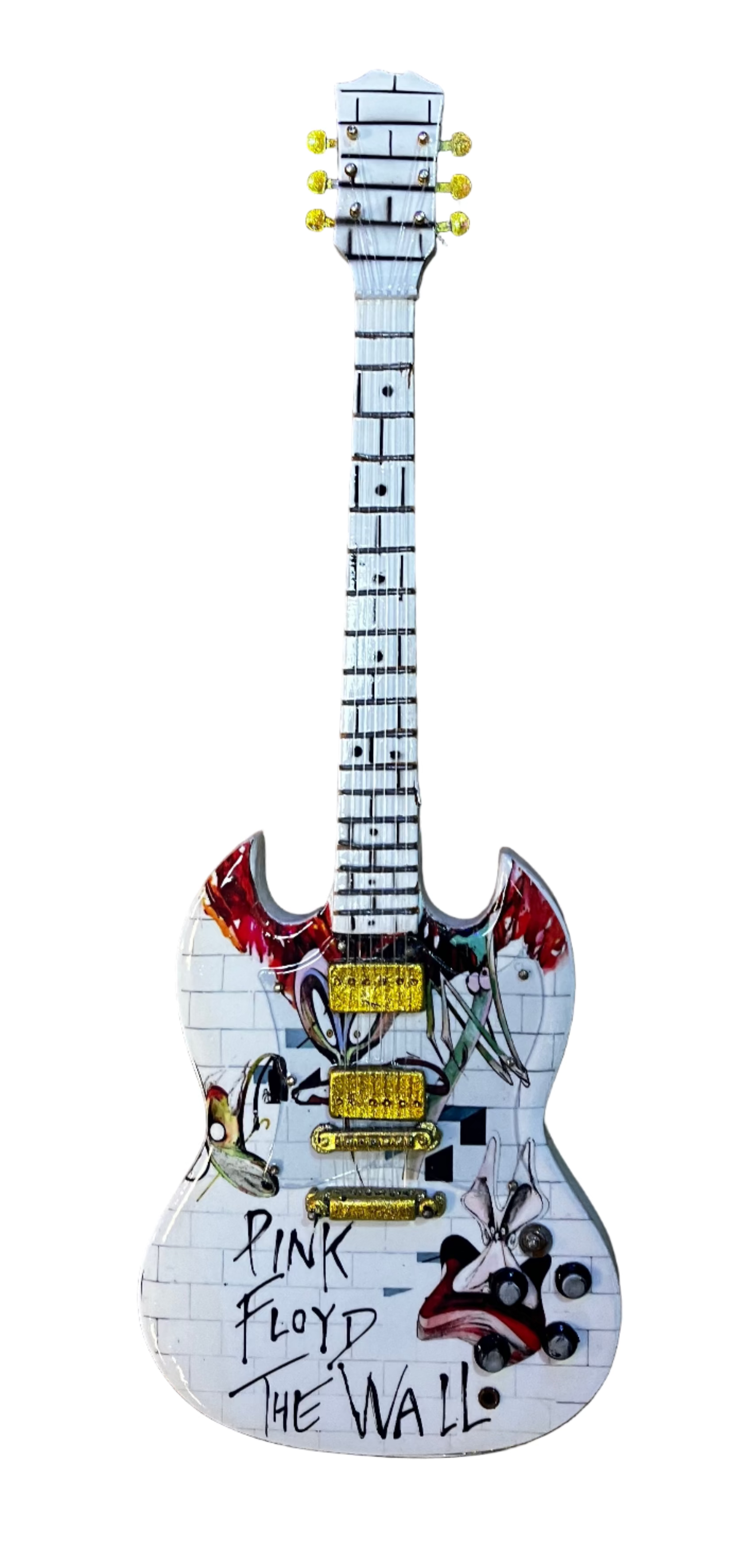 Pink Floyd Another Brick In The Wall 25cm Handmade wooden collectible replica miniature mini guitar with stand (No.63)