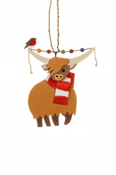 Shoeless joe Christmas Decoration - Highland Coo with Fairy Lights Hanger