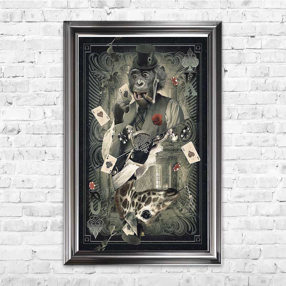 sylvain binet monkey giraffe card poker framed art