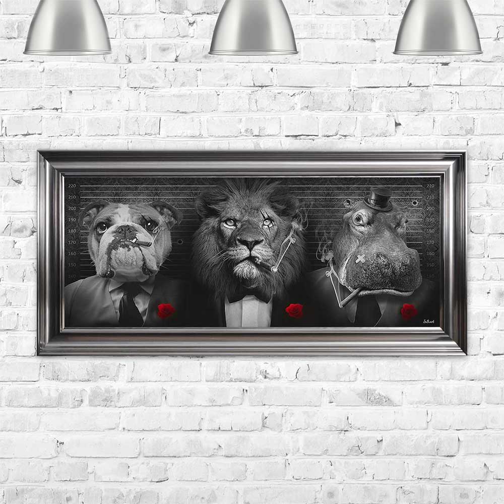Mafia line up Lion Bulldog Hippo Sylvain Binet Framed Art