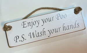 Solid Wood Handmade Roped Sign - Enjoy your Pooh, Wash your hands - Toilet Bathroom Sign