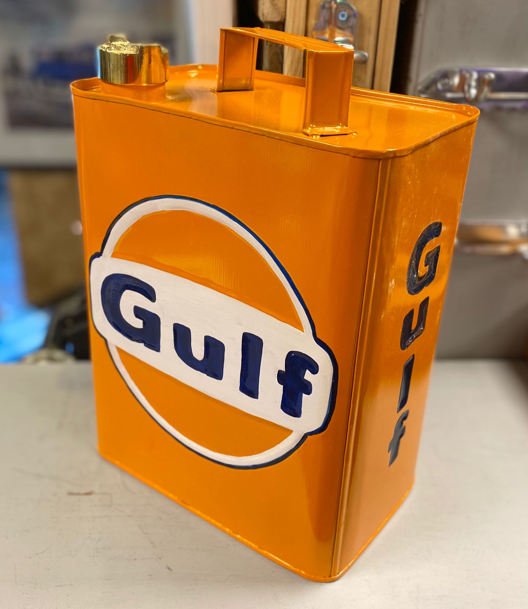 Retro Hand Painted Gulf Advertising Aluminium Oil Petrol Jerry can