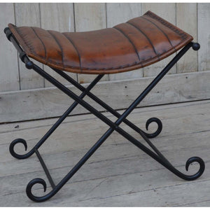 Leather and Iron Folding French Vintage Style Stool