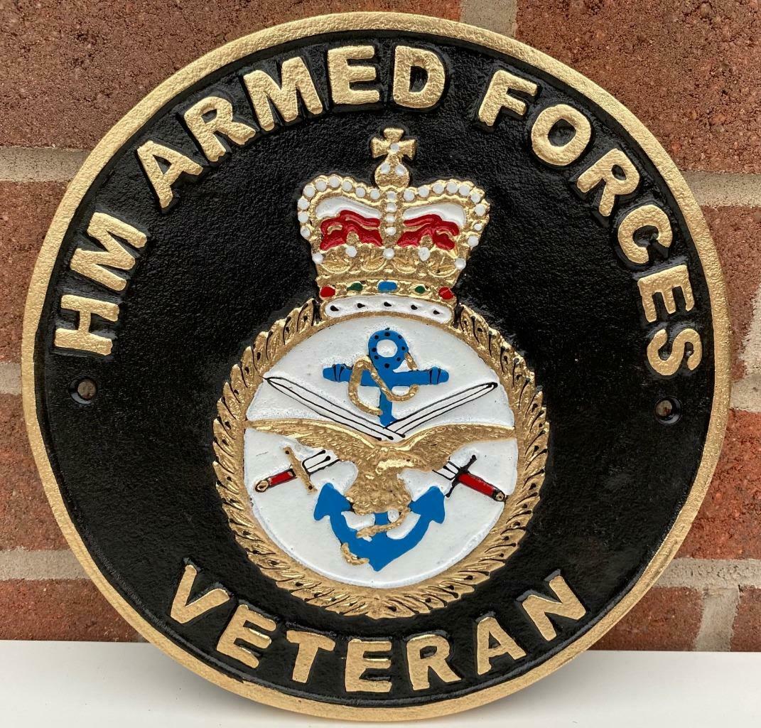 Veteran HM Armed Forces Military Hand Painted Solid Cast Iron Wall Sign