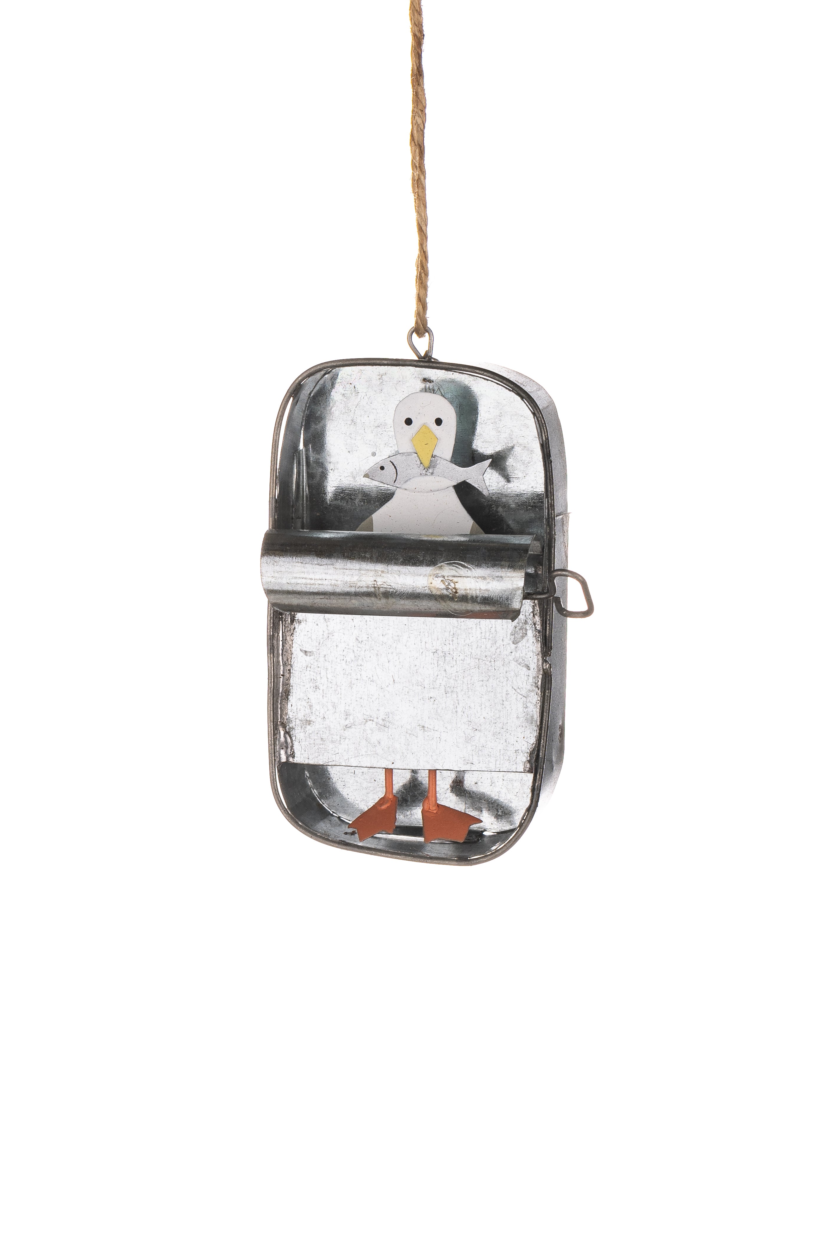 Shoeless Joe Sardine tin hanger - seagull with fish