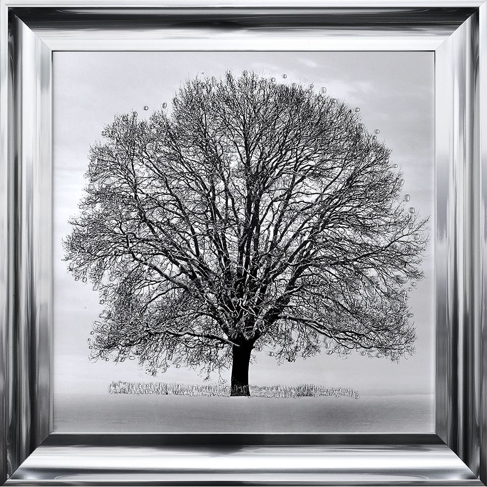 Hand Made Swarovski Crystals Winter Tree Framed Liquid Artwork Picture