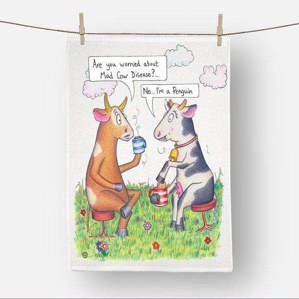 Funny mad cows tea-towel